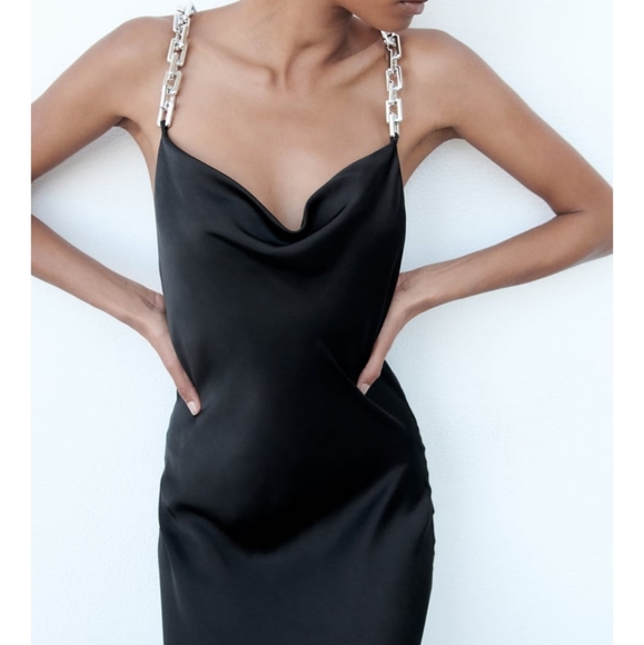Zara * Chain Strap Satin Effect Slip Midi Dress Black - Picture 5 of 16